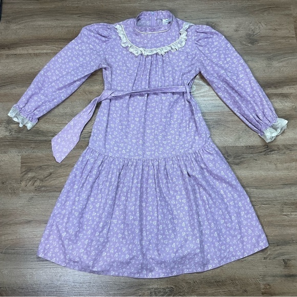 Vintage Girls Dress Size 12 Halo Fashion 80's Lace Purple Drop Waist Floral Prin